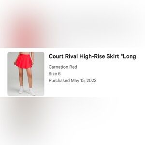 Lululemon Court Rival high-rise skirt *long Carnation Red